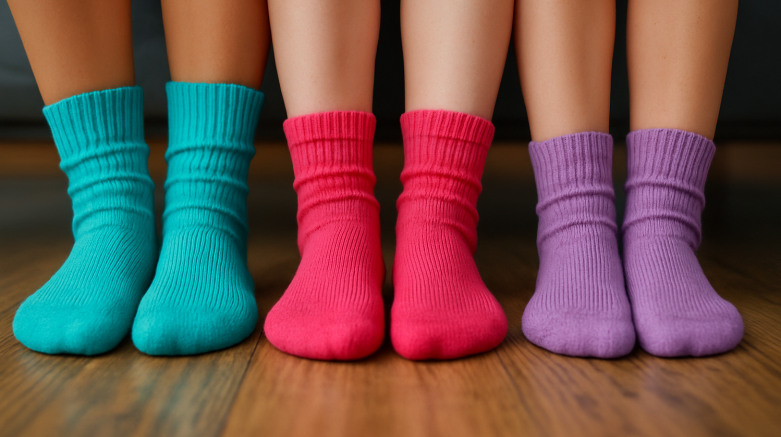 Three pairs of colorful socks on a wooden floor.
