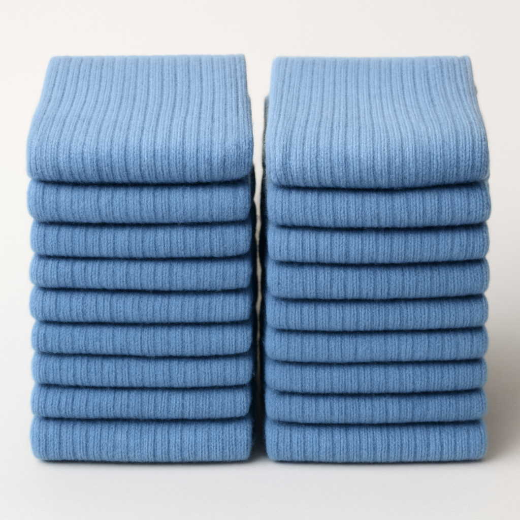 Stack of 20 pairs of blue ribbed socks on a white background