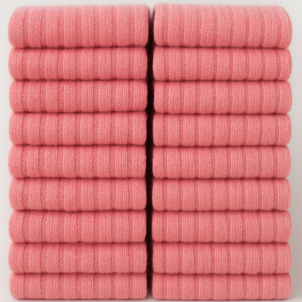 Stack of 20 pairs of pink ribbed socks on a white background