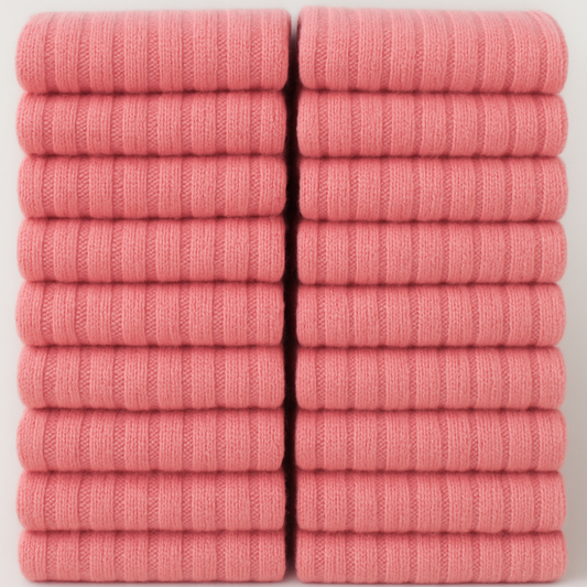 Stack of 20 pairs of pink ribbed socks on a white background