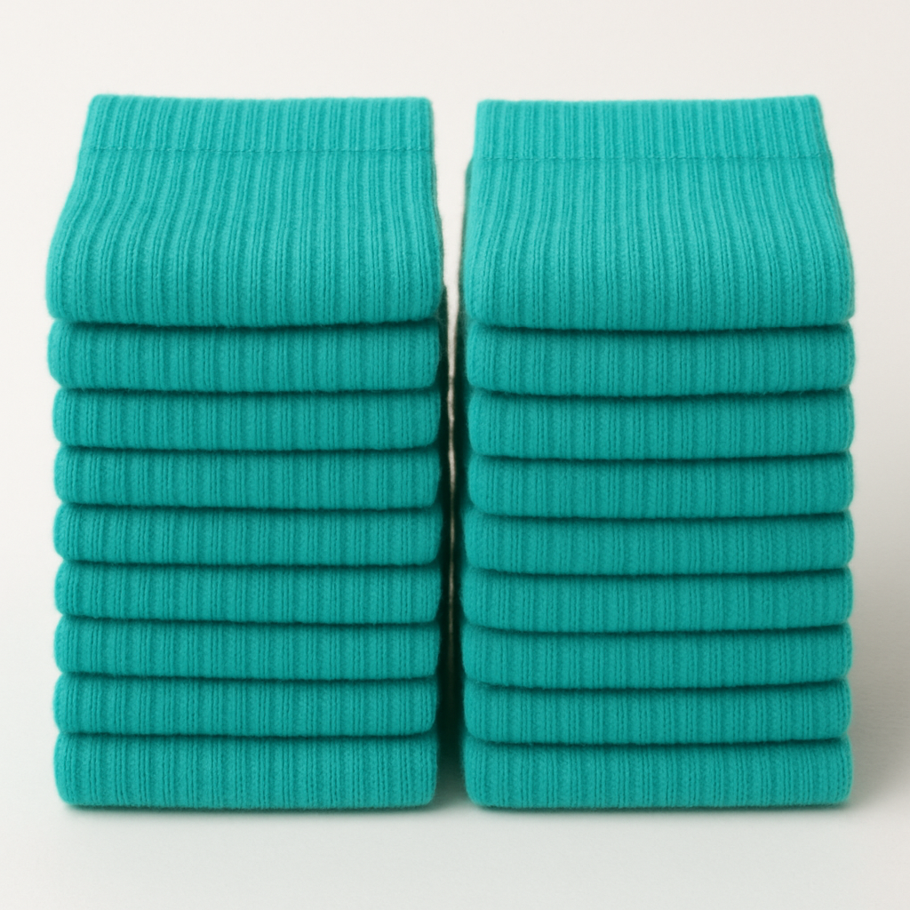 Stack of 20 pairs of turquoise socks on a white background