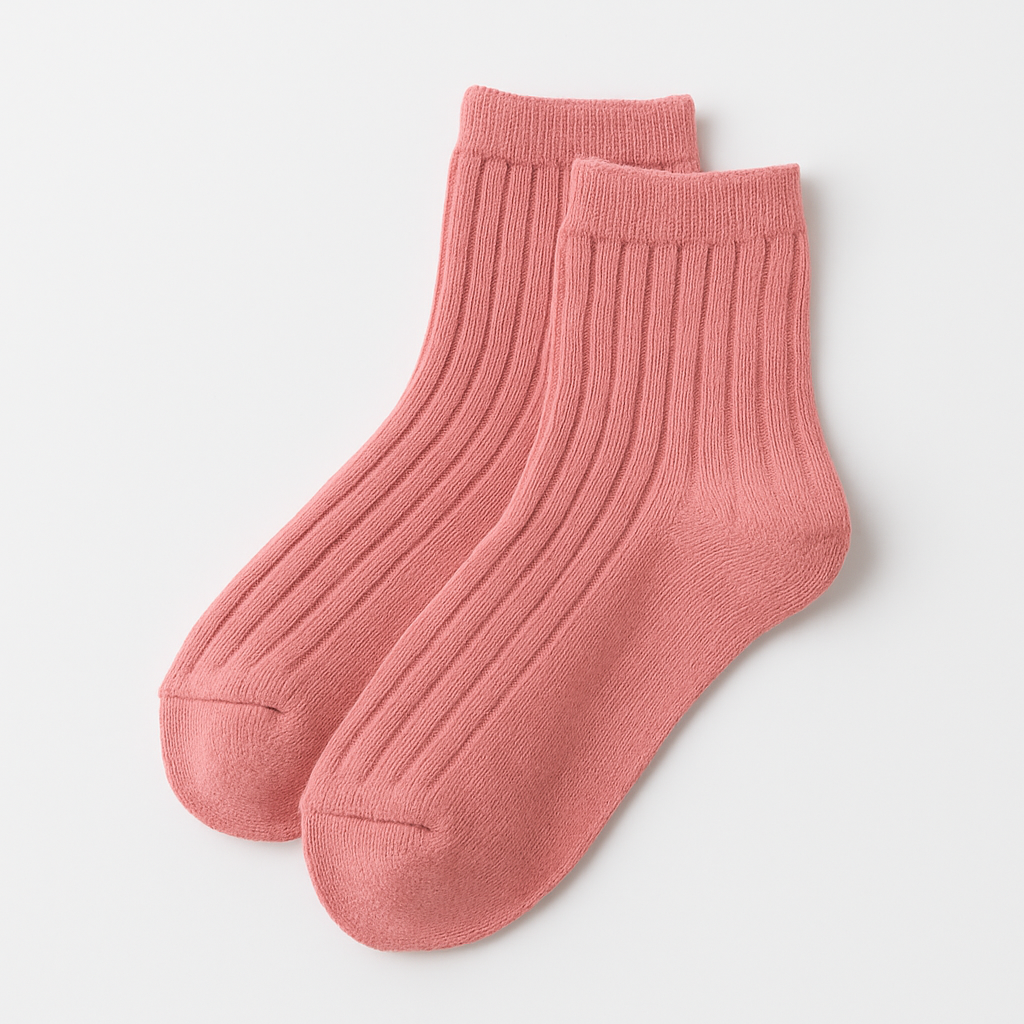Pair of pink ribbed kids socks on a light gray background
